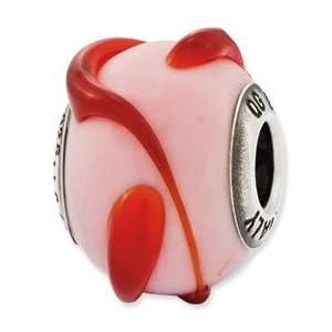   Silver Italian Glass Lt Pink w/ReddishOrange Textured Lines Jewelry