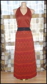   RED Ethnic Op Art Maxi Halter Dress Hostess Gown 38B X 29W  