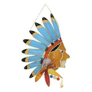  Stained Glass Native American with Headdress Wall Plaque 