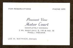1950s PLEASANT VIEW MOTOR COURT Paoli Indiana ADV BUSINESS CARD 
