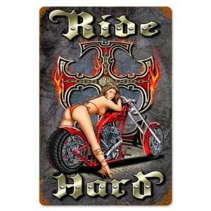 Ride Hard Pinup Girls Vintage Metal Sign   Victory Vintage Signs 