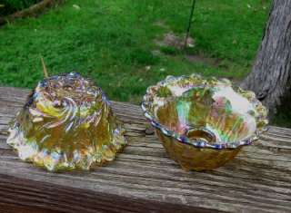 CARNIVAL GLASS CANDLE HOLDERS IRIDESCENT GOLD NICE  