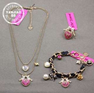 Betsey Johnson Pink love bird heart Necklace Bracelet Ring Set  