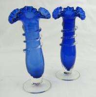   Cobalt Blue Glass Vases Hand Blown Ruffle Clear Base Set 2  