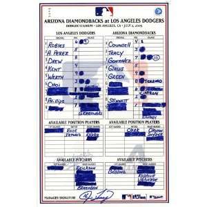 Diamondbacks vs. Dodgers 7 02 2005 Game Used Lineup Card   