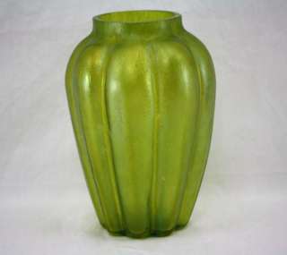 Antique Loetz Iridescent Large Green Art Glass Melon Shaped Vase 