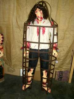 Life Size Statue Tortured Bloody Man in Cage Halloween Prop Display 