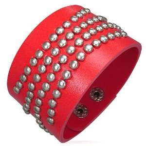   Wide Leather Cuff Bracelet, Silver Studs (Red Orange Leather) Jewelry