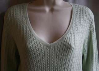   Womens M Mint Green Cable V Neck Lightweight Cotton Sweater Top  