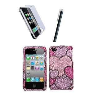 For iphone 4G iphone 4 Cloudy Hearts Diamante Protector Cover +stylus 