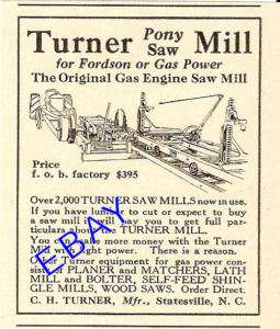 1925 TURNER PONY SAW MILL AD STATESVILLE NC FORDSON  