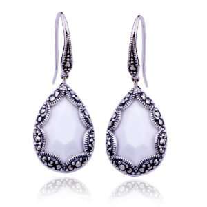   Sterling Silver Marcasite and White Agate Teardrop Earrings Jewelry