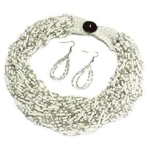 com Beaded Layer Necklace Set; 16L; Beige And Silver Beads; Crochet 