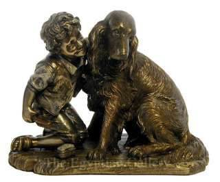 BOY & IRISH SETTER STATUE Grooming Figure Bronze 4.5  