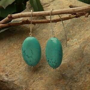   Long Drop Oval 30 x 20mm Thick Flat Oval Stabilized Turquoise Earrings