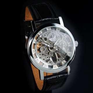 New Skeleton *Hand Winding Automatic Mechanical* Mens Leather Strap 