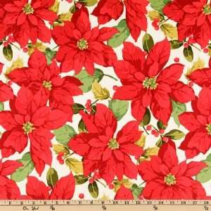  44 Wide Poinsettias & Holly Flowers Cranberry Fabric By 
