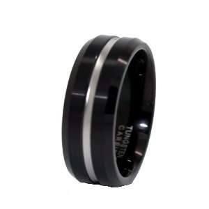 8mm Black Satin with Slim Silver Grooved Satin Center Wedding Ring 