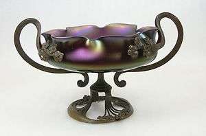   Iridescent Art Glass Bowl with Art Nouveau Metal Stand EXC PC  