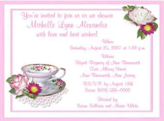 10 PINK TEA CUPS WITH FLOWERS BRIDAL SHOWER INVITATIONS  