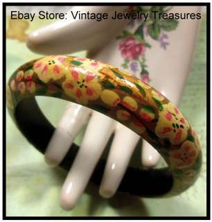 Vintage Hand Painted Pastel Flowers Wood Bangle Bracelet  