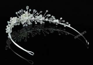 Bridal Handmade Ivory Pearl Clay Ceramic Flower Crystal Tiara T1426 
