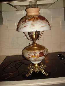 MINT VTG HURRICANE GLASS TABLE LAMP HPTD WINTER SCENE  