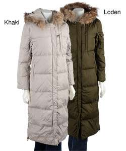 DKNY Womens Long Down Coat with Fur Trim Hood  