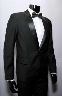 One Button Slim Skinny Fit Black with Shiny Satin Lapel Tuxedo Suit 65 