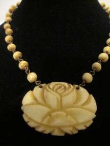 Vintage, carved rose pendant, beaded necklace in a faux bone 
