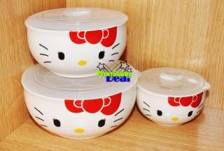   Kitty Ceramic Bowl Storage Containers Set w/lids Clear 3 size  