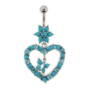    Turquoise Navel Ring with Flower, Heart, and Butterfly Jewelry