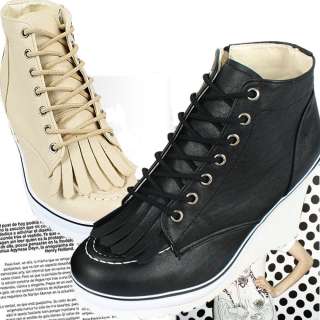 Womens high top wedge heel sneakers lace up ankle shoes black beige 