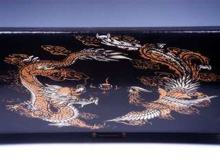   Black Leather Finish Dragon Phoenix Painted Large Jewelry Box  