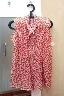 Sweet Lady Cherry Print Shoulder Padded See through Chiffon Blouse Top 