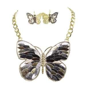  Butterfly Statement Necklace Set; 18L; Gold, Silver, Copper 