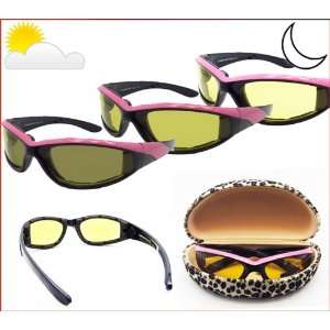  Pink Frame Transition Motorcycle Sunglasses Yellow to Dark 