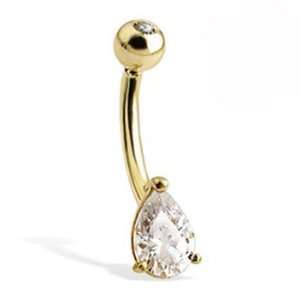   gold belly button ring with teardrop shaped stone and jeweled top ball