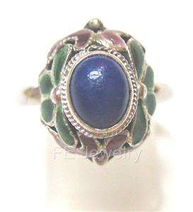 Chinese Handcrafted Silver Filigree Enamel Lapis Ring  