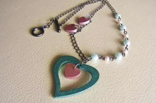 Wooden Turquoise Hearts Pearl Glass Necklace Handmade  
