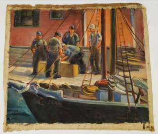   Huse New England Gloucester Rockport Fishermen Wharf Boat O/C Painting