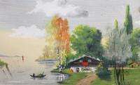Vintage European impressionism gouache painting river landscape house 