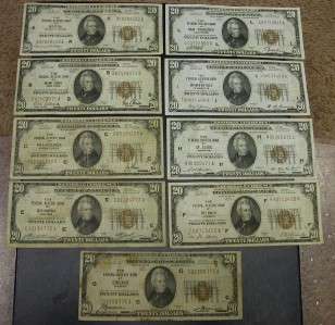 NINE DIFFERENT BANK NATIONAL LOT  ALL $20 NOTES  ID#OO384  