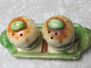 Vintage Made in Japan Hamburger Salt & Pepper with tray  