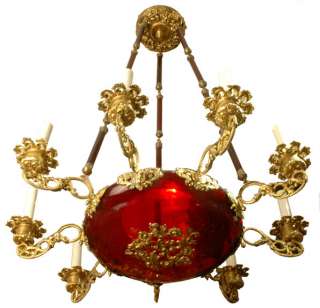 Antique Ruby Red Glass Coupe Form 9 Light Chandelier  