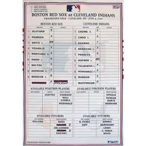  Red Sox at Indians 6 09 2010 Game Used Lineup Card 
