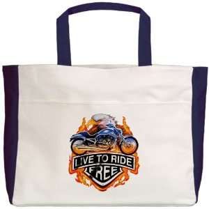  Beach Tote Navy Live To Ride Free Eagle and Motorcycle 