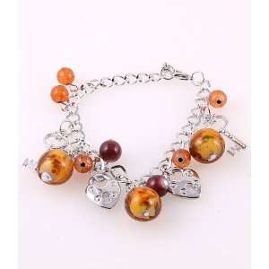  Murano Bead Bracelet with Acrylic Pearl Hart and Key Brown 