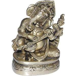    Brass Statue Sitting Hindu God Ganesha Playing Bina
