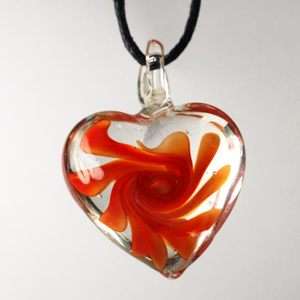   Ladys Murano Lampwork Glass Orange Heart Style Pendant Necklace Chain